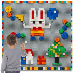 MIMAX Customize Building Block Wall, 470+ PCS Activity Wall Mount Toys Bricks with Self Adhesive Baseplate 8PCS (20"x10") for All Major Brands, Art Build On Table Wall, Gray