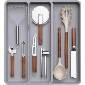 Lifewit Utensil Organizer for Kitchen Drawer, Expandable Cooking Silverware Tray, Adjustable Cutlery Flatware Holder, Plastic Spatula Tools Storage Divider, 14.4 x 15.8", Gray