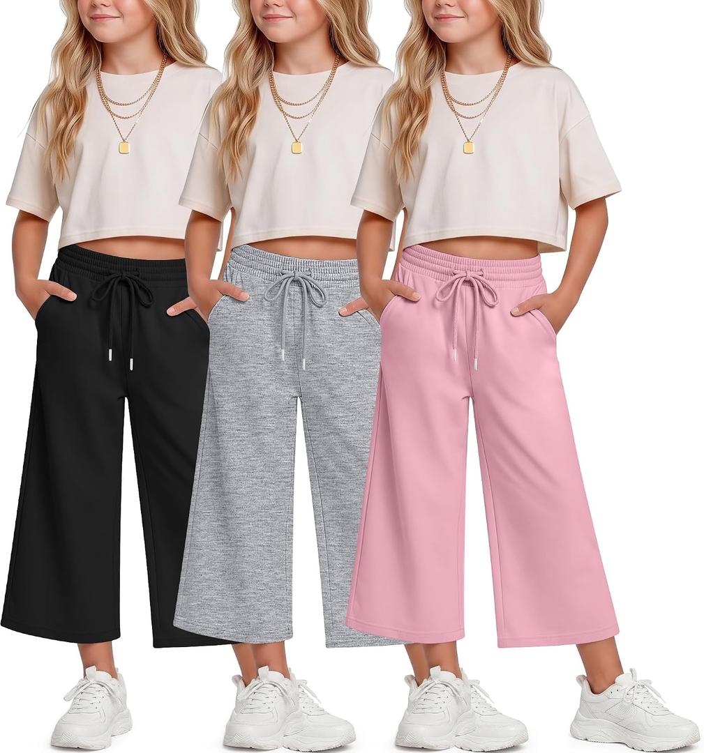 Halfchet 3 Pack Girls Capri Pants Wide Leg Baggy Cropped Sweatpants Kids Basic Casual Capris with Pockets for Ages 5-14