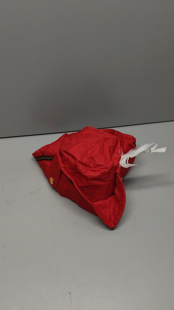 Red Costume Hat With Gold Trim And White Feathe