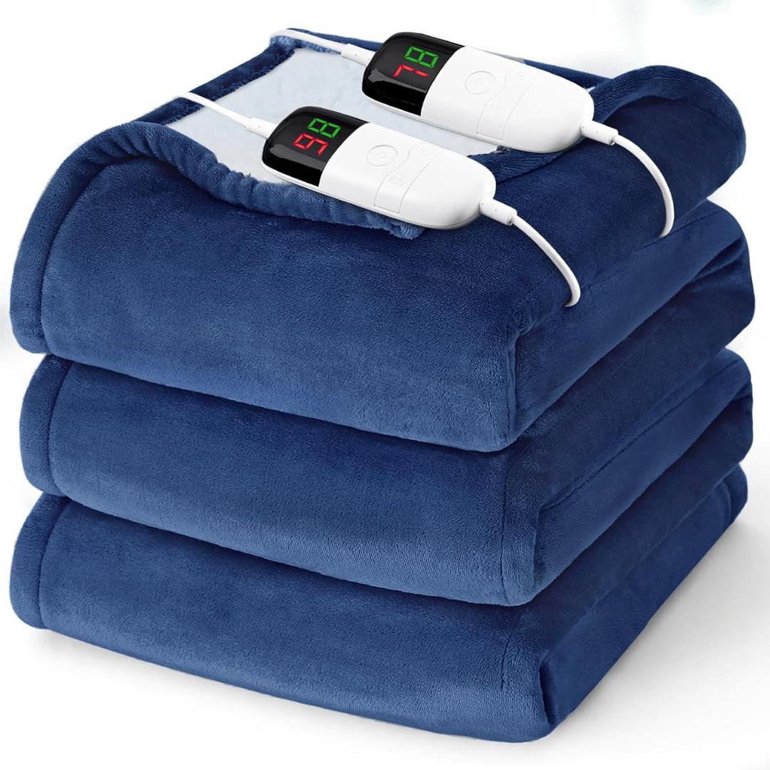 Heated Electric Blanket Queen Size - 84" x 90" Heating Blanket with Dual Control, 10 Heating Levels & 8 Hours Auto Off, Soft Warm Flannel Blanket, Christmas Birthday Gifts for Senior Grandma (Navy Blue)