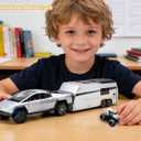 Toy Car Alloy Truck Set with Trailer and Motorcycle Cyberpickup Toy with Sound and Light Effect Pull Back Vehicle RV Toy EV Model Ideal Gift for Kids Boys Girls Adult Age for 3+