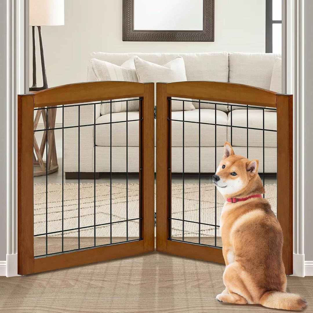 LZRS 2-Panel Freestanding Foldable Wood Dog Gate Solid Wood & Steel Wire, Chew-Resistant Pet Barrier for Indoor Use, Ideal for Small to Medium Dogs, Cherry