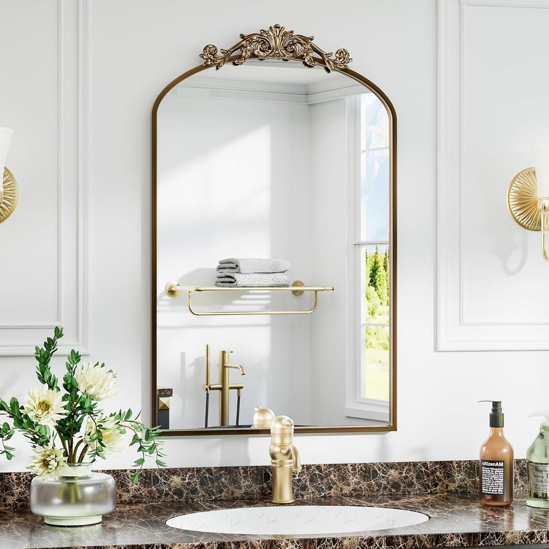 Antique Arched Wall Mirror, 24"x36" Vintage Gold Bathroom Mirror - Baroque Metal Frame Brass Mirror for Living Room, Bathroom, Fireplace, Entryway, Gold