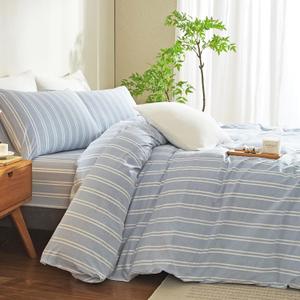 Duvet Cover Full Size Blue White Striped Duvet Cover Set Washed Cotton Linen Feel Chic Bedding Set for All Seasons Breathable Durable Textured (Wide Striped QLBT)