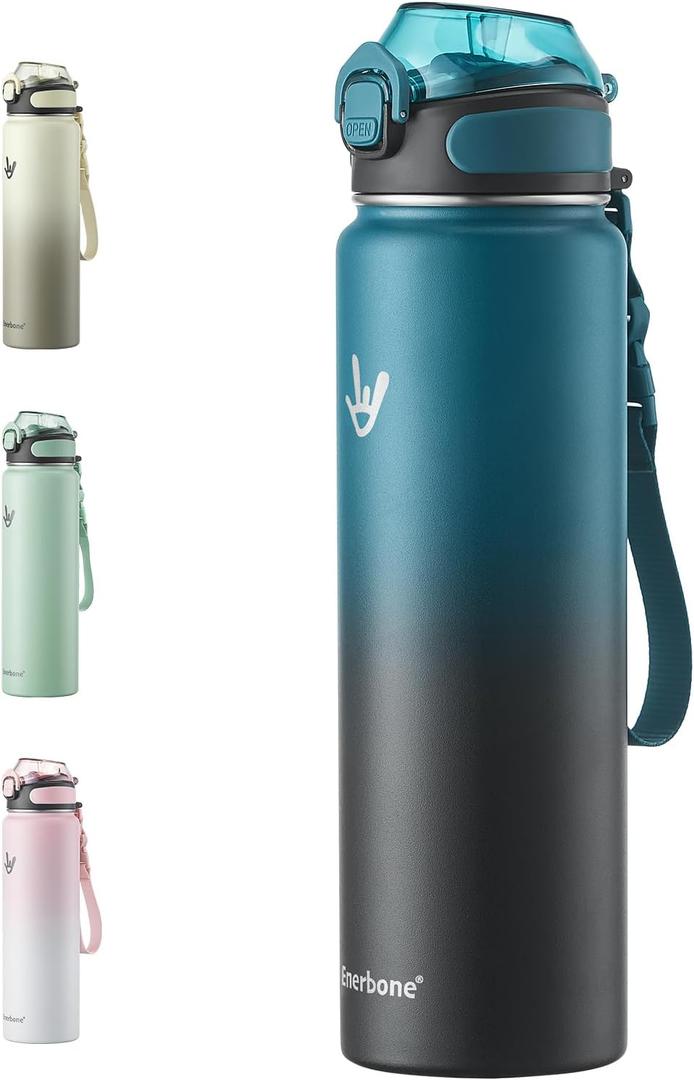 Enerbone Insulated Water Bottle, 32 oz Stainless Steel Water Bottles with Carrying Strap, Double-Wall Vacuum Insulation Thermos, Leakproof Sports Bottle with Straw, Keep Drinks Hot or Cold for Hours (Interstellar)