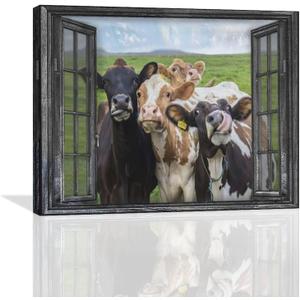 exroozy Rustic Cow Wall Art Funny Cows Window Pictures Wall Decor Farmhouse Cow Canvas Painting Print Modern Artwork Country Room Decor Framed Ready to Hang for Living Room Bathroom Office 20"x16"