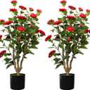 36 Artificial Camellia Tree 2 Packs, Faux Camellia Plant in Pot with Red Flowers, Greenery Camellia Tree for Spring Home Front Door Outdoor Indoor Decoration, Red (3FT)