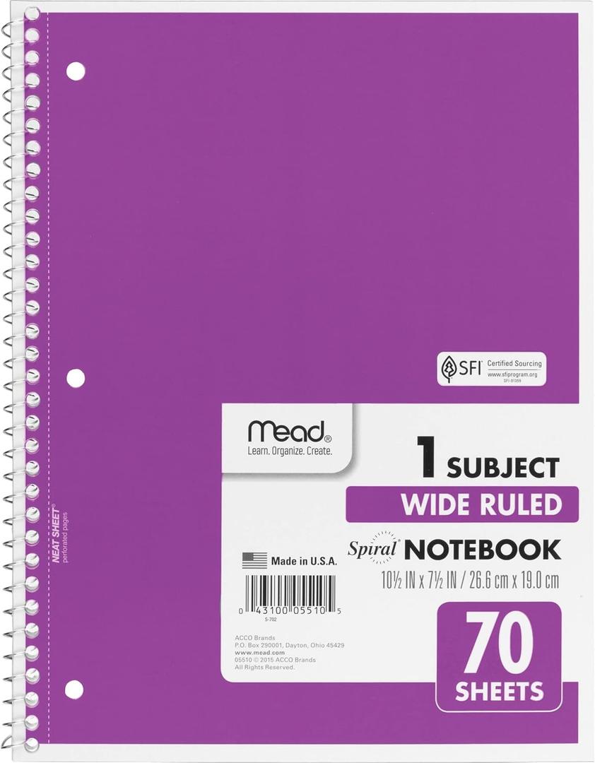 Mead Spiral Notebook, 1 Subject, Wide Ruled Paper, 7-1/2" x 10-1/2", 70 Sheets, Red (05510)