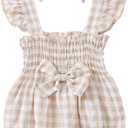 Renotemy Newborn Infant Baby Girl Clothes Rompers Summer Jumpsuits Short Sleeve Romper Infant Baby Clothes Girl (6-12 Months, Plaid Apricot Bow)