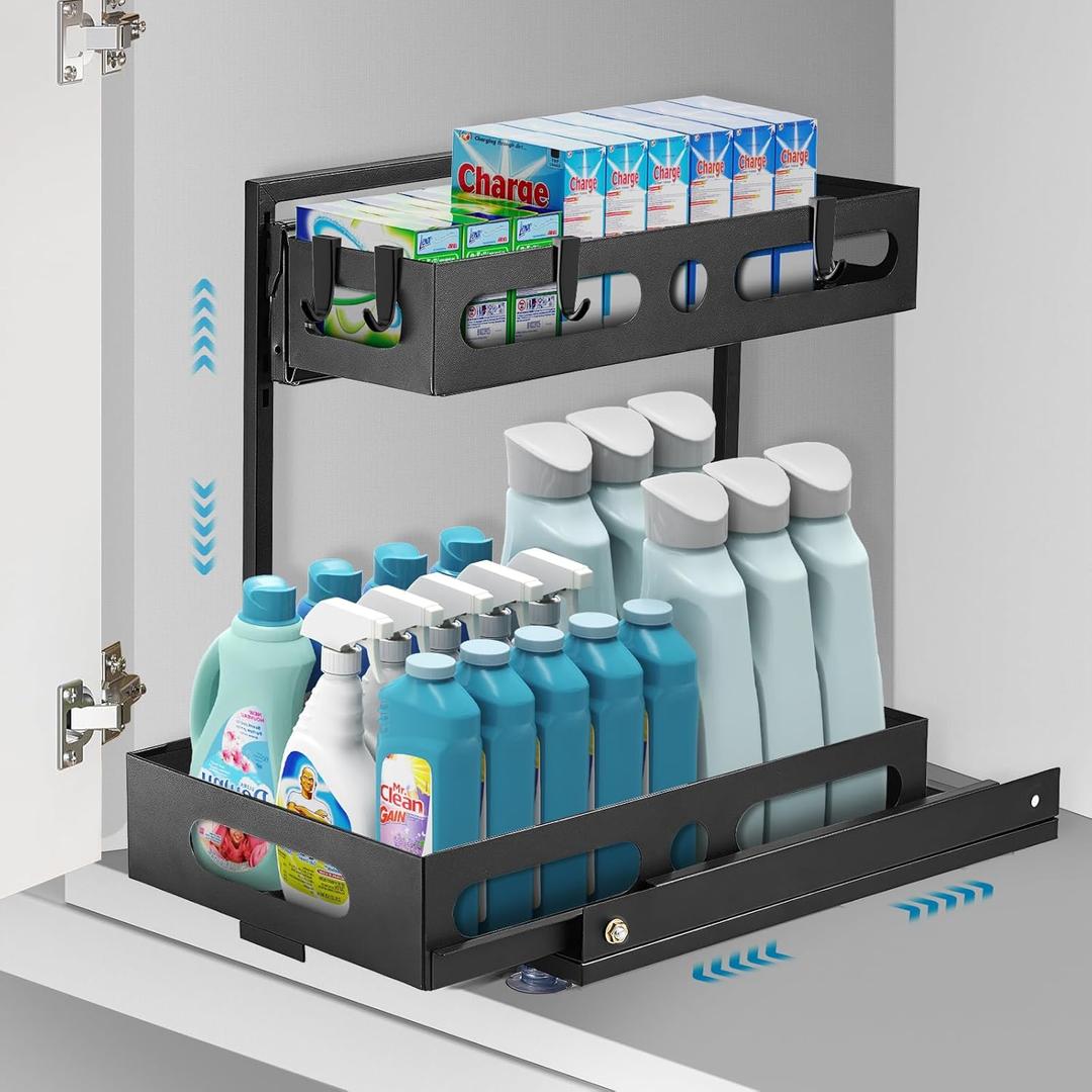 2-Tier Metal Under Sink Organizer, Pull Out Smoothly Under Kitchen Sink Organizer with Adjustable Height, Large Capacity Under Sink Storage for Kitchen and Bathroom