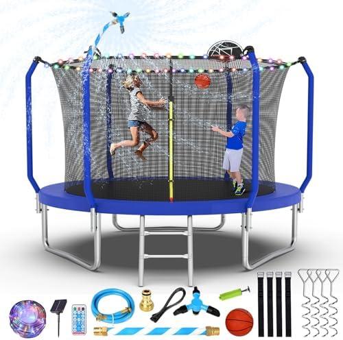 Lyromix Upgraded Trampoline 10FT With Basketball Hoop, Light, Sprinkler, Stakes - Outdoor Backyard for 4-6 Kids and Adults