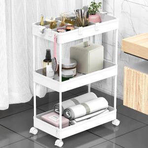 SPACELEAD 3 Tier Rolling Cart with Wheels, Storage Craft Art Trolley Organizer Serving, 3 Hanging Baskets Easy Assembly, for Office, BathroomLiving Room, Kitchen, White, 3-layer