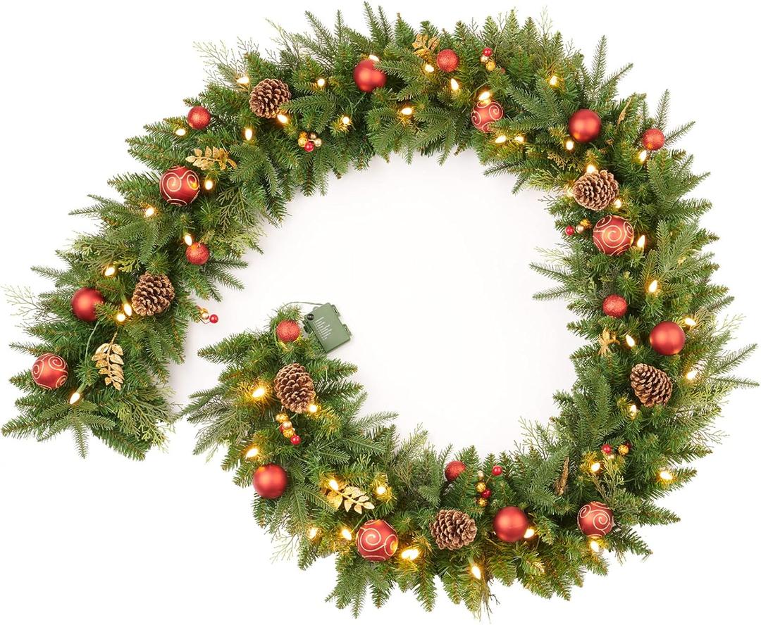 9FT Red Gold Christmas Garland Prelit with Battery Operated 50 LED Lights,Holiday Decoration Stairs Mantle Door Indoor Outdoor