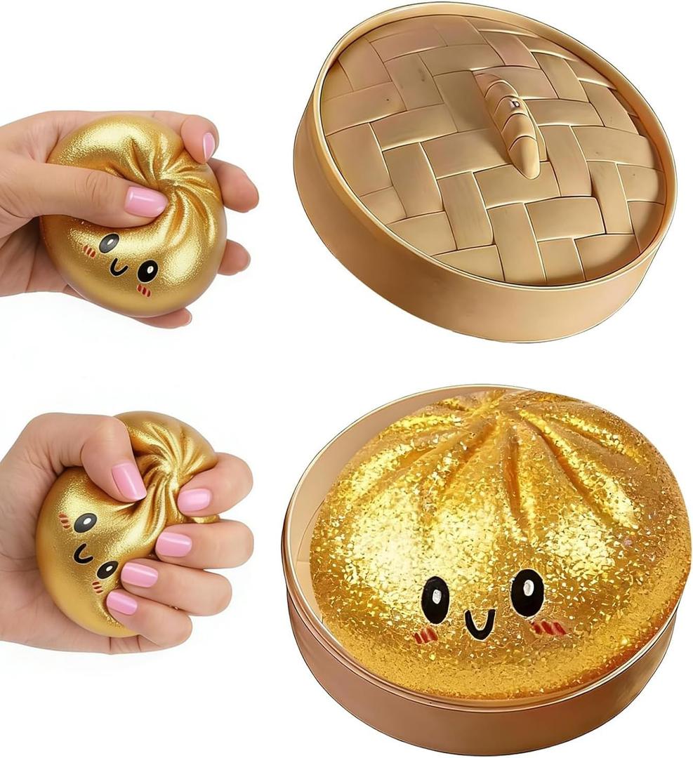 Glitter Dumpling Squishy, Colorful Dumpling Squishes Stress Balls with Steamer, Easter Gifts, Soft Squeeze Decompression Dough for Adults (Gold with Glitter)