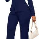 Aro Lora Women 2 Piece Outfits Casual Long Sleeve Irregular Hem Slit Top Pant Set Dressy Pantsuits XX-Large Navy Blue