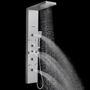 ROVOGO Shower Panel with 4 Body Jets and 4 Mist Spray, Rainfall Waterfall Shower Column Tower with Handheld, Tub Spout and Water Temperature Display, 304 Stainless Steel Brushed