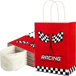 24 PCS Race Car Gift Bags Checkered Racing Flag Treat Bags Race Car Themed Party Favors Goodie Candy Paper Bag with Handles for Racing Themed Birthday Party Supplies