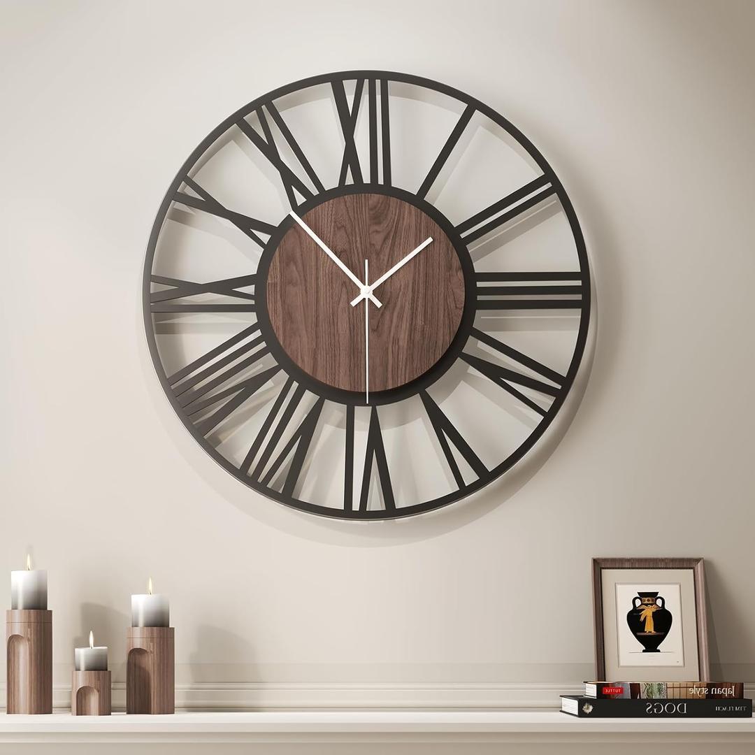Cuspin Large Wall Clock for Living Room Decor, 24 inch Decorative Black Metal Wall Clock Battery Operated Silent Non Ticking, Modern Wood Clocks for Bedroom, Kitchen, Office-Roman Numerals