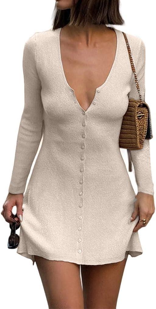 GCZREN Women Sexy Deep V Neck Button Front Knit Mini Dress Elegant Long Sleeve Ribbed Flowy Hem A-Line Short Dresses (Medium, Beige)