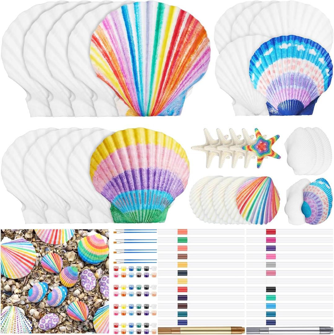 JolliLudo 60 Pcs 30 Set Natural Scallop Shells Craft Kit 4 Style 2''-4'' White Seashells Bulk with Brush Marker Pen for Home Decor Ornaments DIY Arts Crafts Seashells Ocean Summer Beach Home Decor