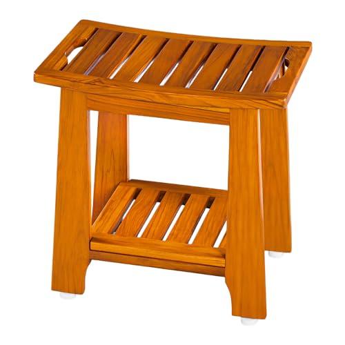 14" Compact Teak Shower Stool with Shelf & Handle - Waterproof, Non-Slip Bath Bench for Small Bathrooms/Outdoor Use, 300 lbs Capacity (Patented), Size: 14"W x 10" Dx 17"H