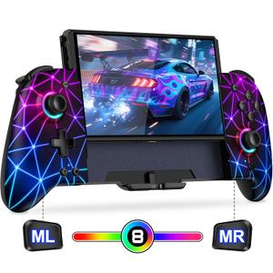 Gammeefy Switch Hall Effect - JC200 Switch Pro Controller for Nintendo Switch - One Piece Joypad with 9 Color Lights - Handheld Mode (6.2"/7", Grid Pattern)