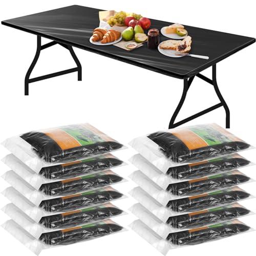 Boao 12 Pcs Plastic Table Cloths Disposable for Parties Picnic Table Covers with Elastic Fitted Elastic Desk Cover Rectangle Waterproof for Indoor, Outdoor, Picnic, Camping(8 Ft, 96 x 30 Inch,Black)