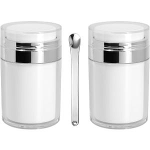 2Pack Airless Pump Jars with Cosmetic Spatula, 3.5 oz Empty Refillable Cosmetic Air Pump Jars Bottles Airless Lotion Cream Dispenser Portable Travel Makeup Containers (Silver)