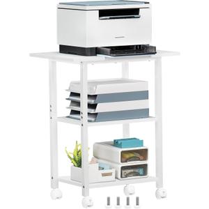 Lerliuo 3-Tier Printer Stand, Industrial Mobile Printer Table with Storage Shelf and Steel Frame, Rolling Printer Cart Holder with Lockable Wheels for Home, Office (White)