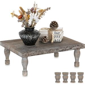 Hanobe Wooden Riser Decorative Tray: Farmhouse Wood Pedestal Display Stand - Rustic Brown Coffee Table Decor for Kitchen Dining Home Decor, Short & Tall Footed