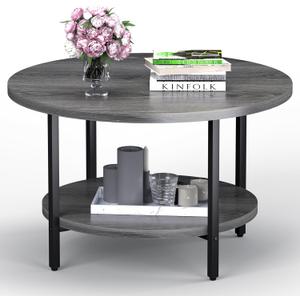 Coffee Table, 2 Tier Coffee Tables for Living Room, Round Coffee Table with Storage, Floor Table for Bedroom, Home Office, Grey (27.6" D x 17.7" H)