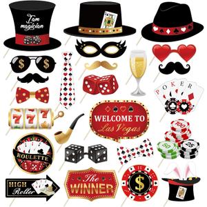 25Pcs Texas Hold'em Photo Booth Props with Stick, Las Vegas Selfie Props,777 Party Supplies,Playing Cards Theme Backdrop Decorations