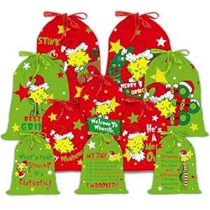 Funny Christmas Drawstring Gift Bags, 10 PCS Xmas Gift Bags 4 Sizes Bulk, Large Medium Small Holiday Gift Bag, Cloth Wrapping Bag for Xmas Presents Party Favors, White Elephant Gifts Stocking Stuffer