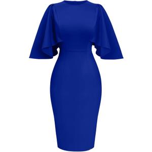 Memoriesea Women's Ruffle Flared Sleeve Bodycon Pencil Formal Cocktail Midi Dress (Medium, Royal Blue)