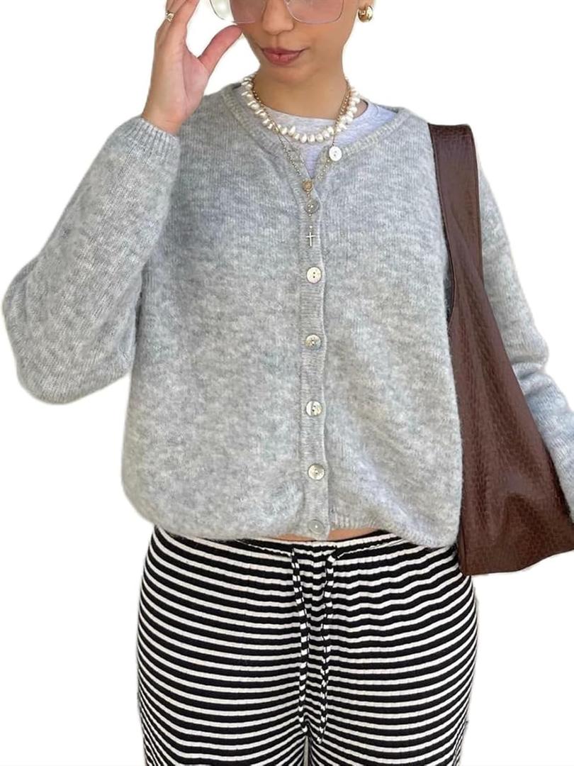 Women's Casual Cardigan Sweater Button Down Crewneck Soft Knit Lightweight Going Out Pullover Tops (Large, Gray)