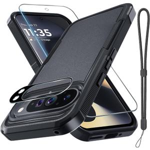 RMOCR Case for Google Pixel 9 Pro XL, Full Body Heavy Duty Rugged Shockproof Protective Phone Cover with Lanyard Strap, Tempered Glass Screen Protector and Camera Lens Cover, Black Matte