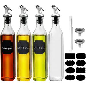 WERTIOO Oil Dispenser for Kitchen,4Pack 17 OZ Glass Olive Oil Dispenser Bottle with 4 Pourer,1 Stainless Steel Funnel & 1 Pen and 8 Label for Kitchen (500ml) (4 Pack)