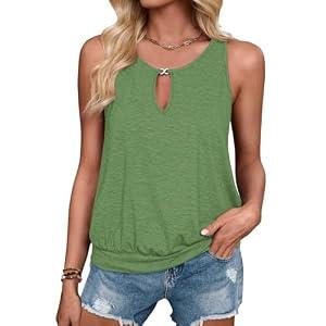 Summer Tank Tops for Women 2025 Metal Buckle Round Neck Sleeveless Fashion Loose Cute Tops Henley Shirts for Women's (US, Alpha, XX-Large, Regular, Regular, Green)