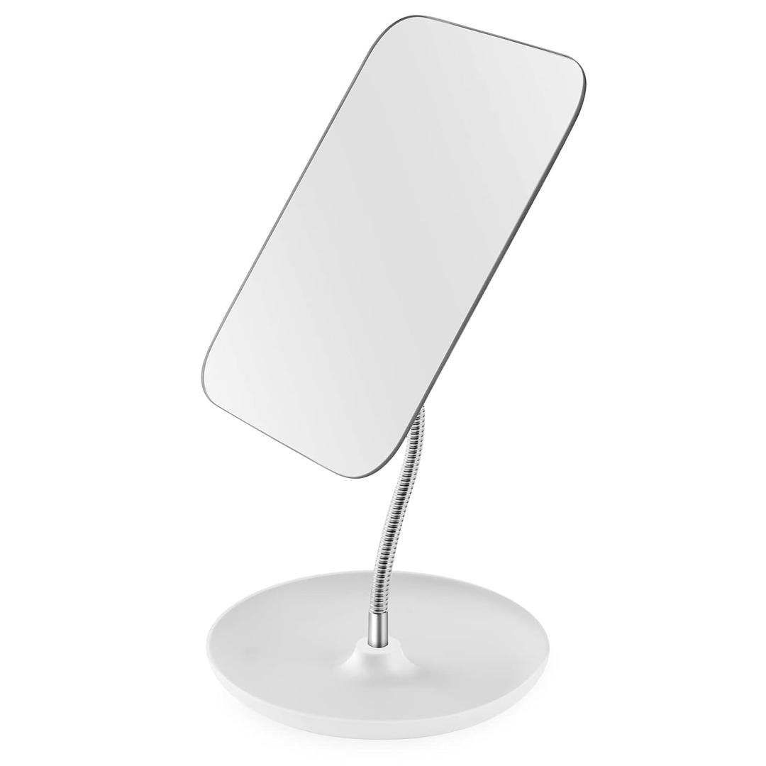 LFOYOU Table Vanity Mirror with Stand - Makeup Mirror for Desk - Adjustable Flexible Gooseneck, 360 Rotation Folding Portable Bathroom Shaving Cosmetic Mirror Square (White)