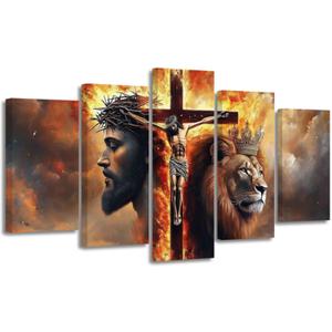 ZSHARTSWD Lion of Judah Cross Canvas Wall Art 5 Piece Jesus and Lion Pictures Christian Cross Painting Print Religious Artwork for Church Office Decor Framed (8x14inx2 8x18inx2 8x22inx1)