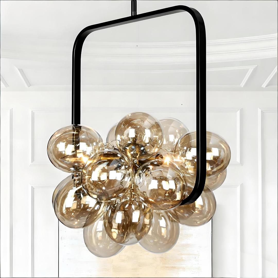Black Bubble Chandelier 15''Hand Blown Glass Chandelier Champagne Bubble Light Fixture Wagon Wheel for Dining Room, Bedroom, Study, Kitchen Island