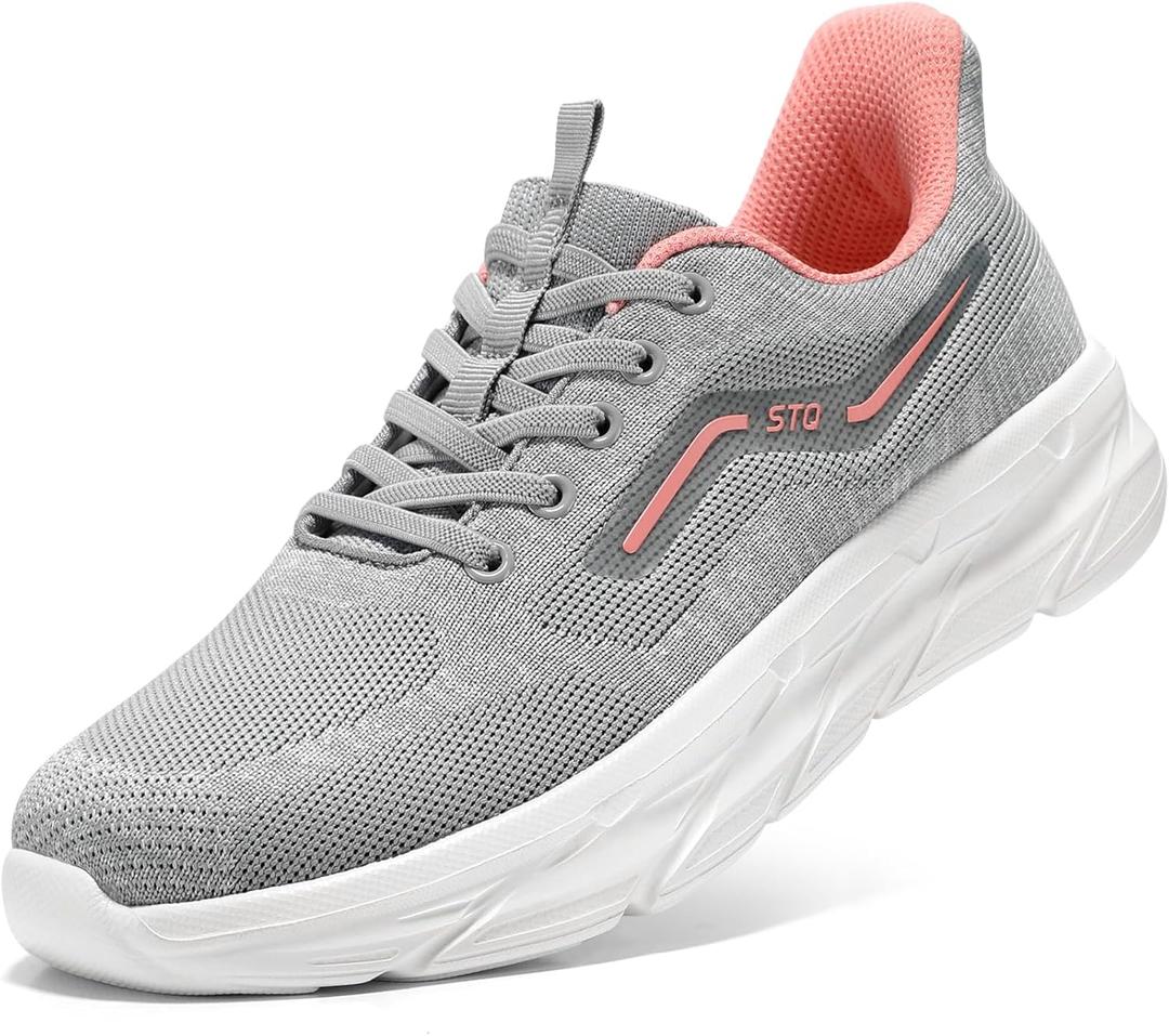 STQ Slip On Sneakers Women Comfortable Womens Walking Shoes for Orthopedic Plantar Fasciitis Light Grey Pink 7.5 US