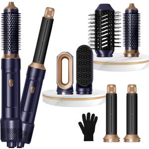 6 in ONE Blow Dryer Brush, Curling Wand Hair Styling Tools Set, Ionic Hot Air Hair Dryer, Massage Oval Hair Dryer, Left&Right Hair Curlers 100-120V (Blue Gold)