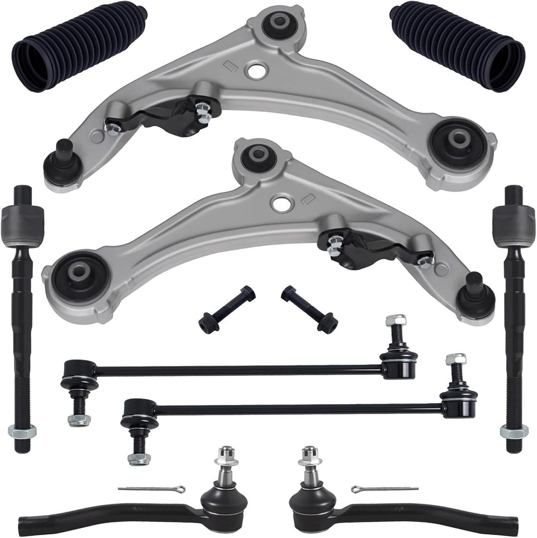 TUCAREST 10Pcs Suspension Kit Fit For 07-12 Ni-ssan Altima, 2013 Altima S, Front Lower Control Arm w/Ball joint + Outer Inner Tie Rod + Sway Bar + Boots [# K620195 K620196 K750783 EV800356 ES800357]