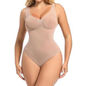 Atbuty Full Body Shapewear Scoop Neck Thong Shapewear Bodysuit Shape wear Tummy Control (Small, Ochre)