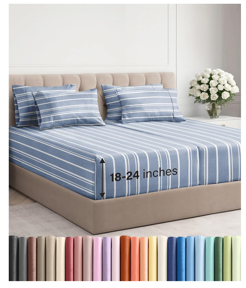 Extra Deep Split King Sheet Set  7 Piece Breathable and Cooling Sheets  Hotel Luxury Bedding for Women, Men, Kids & Teens  Secure Fit  Soft and Wrinkle Free with Extra Deep Pockets  Blue Stripes