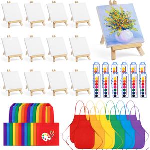 Aodaer 48 Pieces Mini Watercolor Paint Set Include 12 Set Colors Watercolor Paints Strip Palette Wooden Canvas Easels Canvas Tote Bags Aprons for Art Beginner Gift Painting Supplies