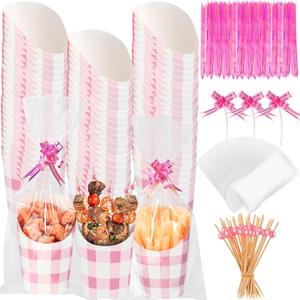 Bokon 100 Set Valentine's Day 14 oz Charcuterie Cup with Stick and Bag, Disposable Pink French Fries Snack Popcorn Dessert Fruit Holder for Birthday Wedding Valentine's Day Party Supplies