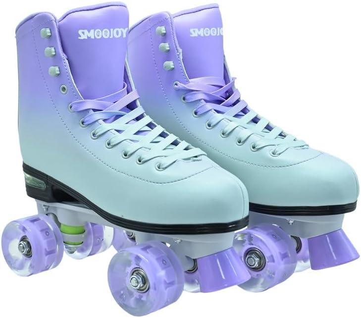 Women Roller Skates for Girls Men Outdoor High Top PU Leather Classic Adult Derby Quad Skates Shoes Double-Row Four Wheels Light Up Rollerskates Indoor